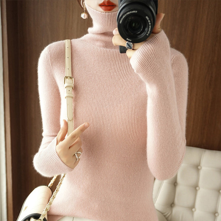 Women's Slim Roll Neck Sweater made of Cashmere Mix with Extra Long Sleeve Cuffs Mune Fashion