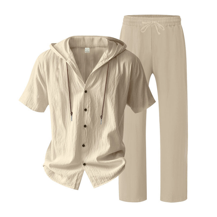 Men's urban leisure set with short-sleeved hoodie shirt, button placket, and straight comfort pants with drawstring Mune Fashion