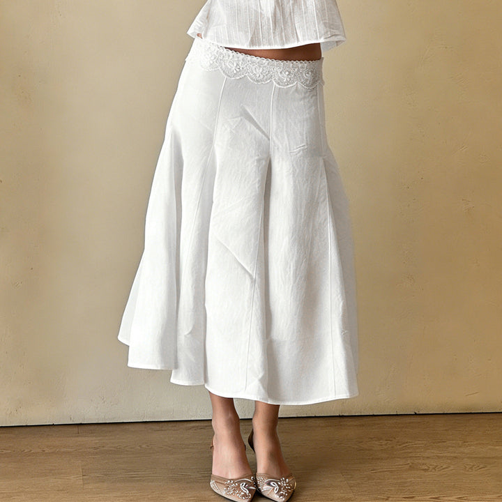Women's midi skirt with high stretch lace waistband, flared godet panels and tailored darts Mune Fashion