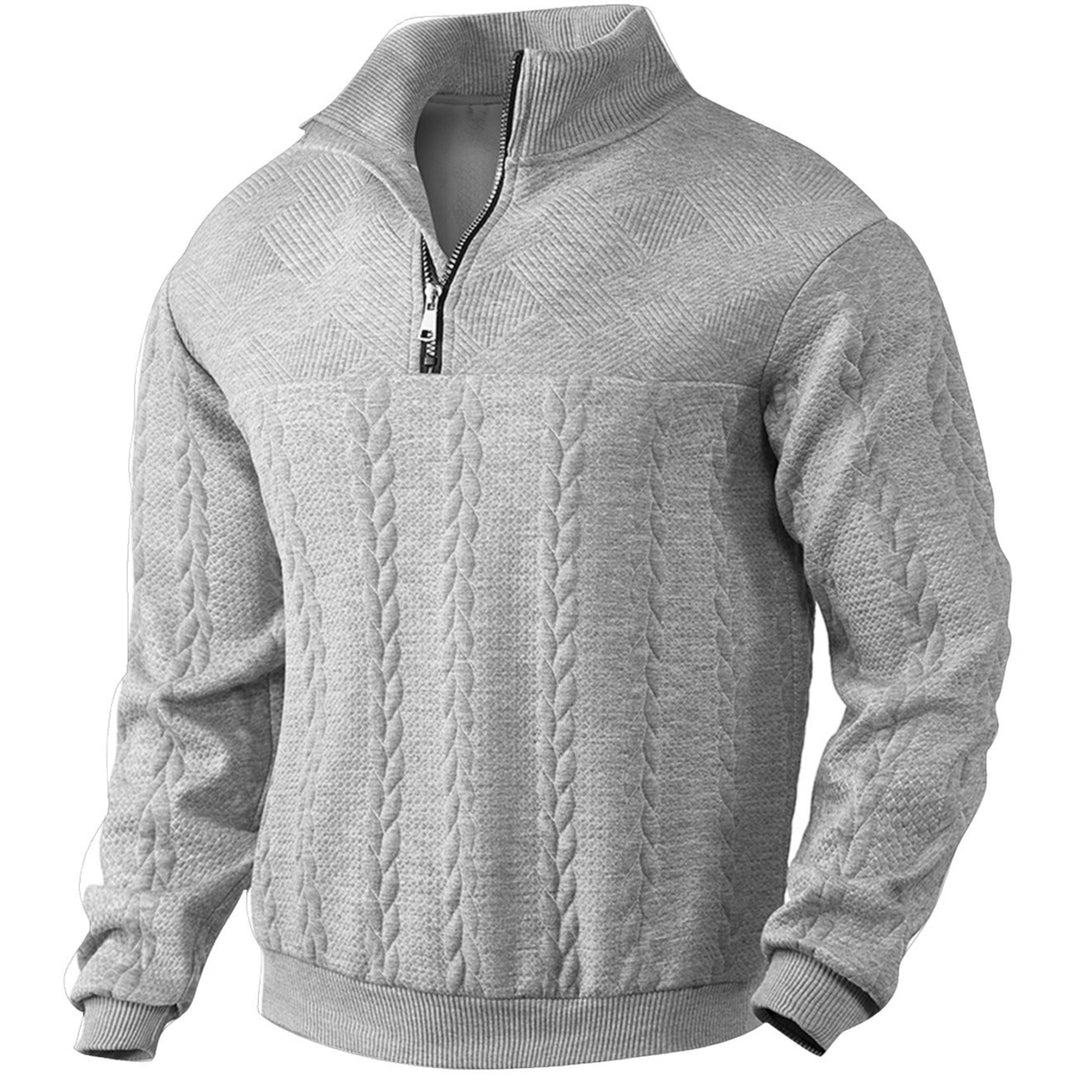 Men's textured knit sweater with half zip, braided cable pattern, and high stand-up collar Mune Fashion