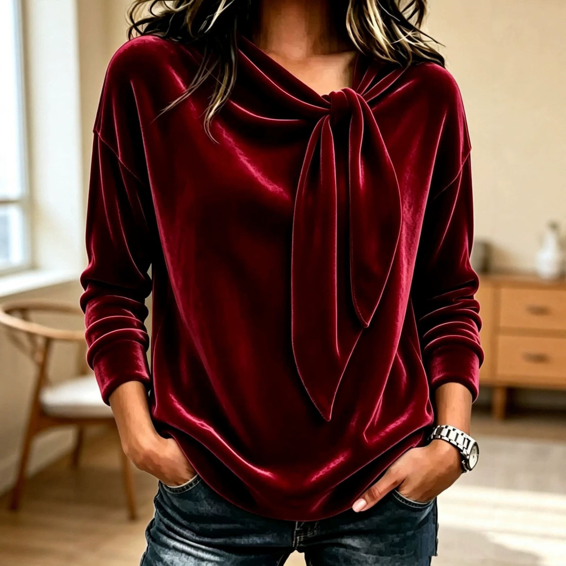 Women Draped Velvet Sweatshirt with Knot Shawl Collar Mune Fashion