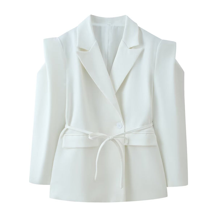 Women's blazer with shoulder cutouts, belted waist and single button closure Mune Fashion