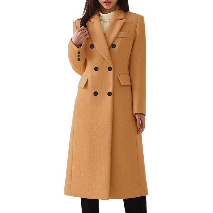 Women's longer double-breasted wool blend coat with lapel collar and patch pockets Mune Fashion