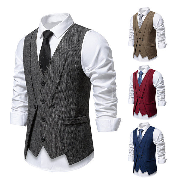 Men's Elegant Herringbone Tweed Vest with Double-Breasted Button Placket and Flap Pockets Mune Fashion