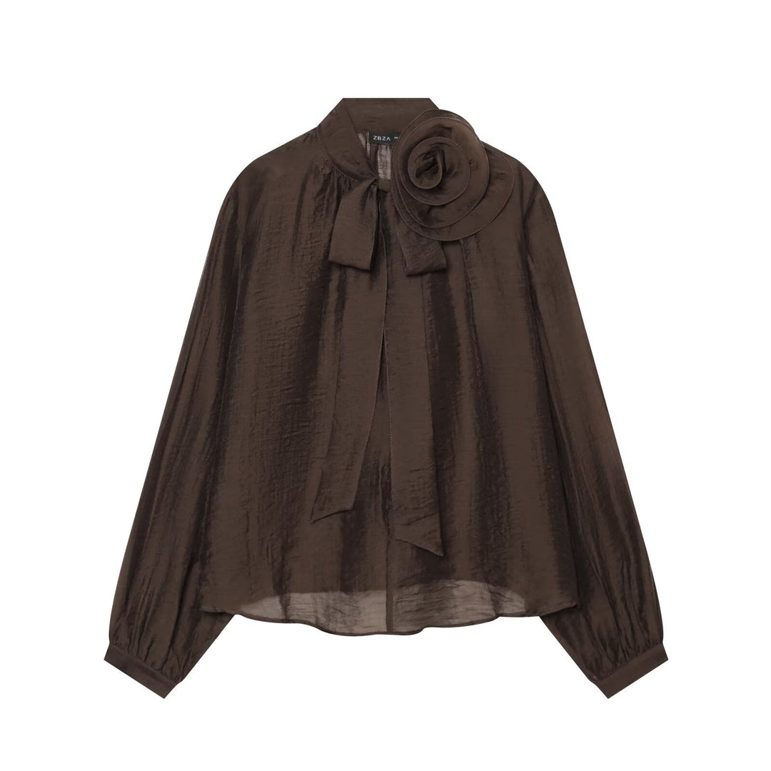 Women's Transparent Chiffon Blouse with Bow Collar, Voluminous Sleeves and Floral Brooch