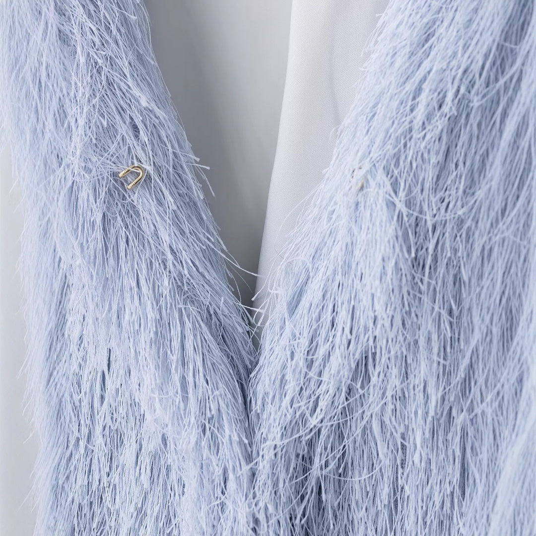 Women's Fluffy Fringe Jacket with Round Neckline and Boxy Cut Mune Fashion