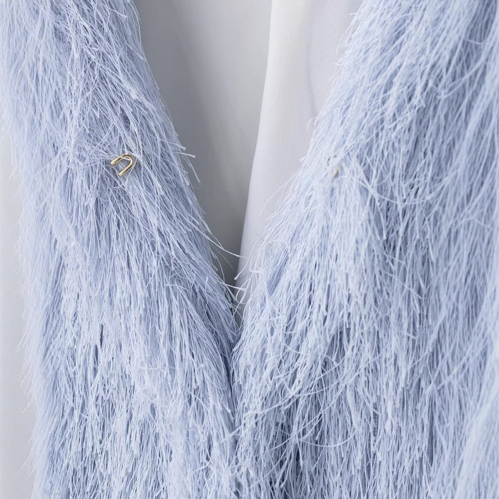 Women's Fluffy Fringe Jacket with Round Neckline and Boxy Cut Mune Fashion