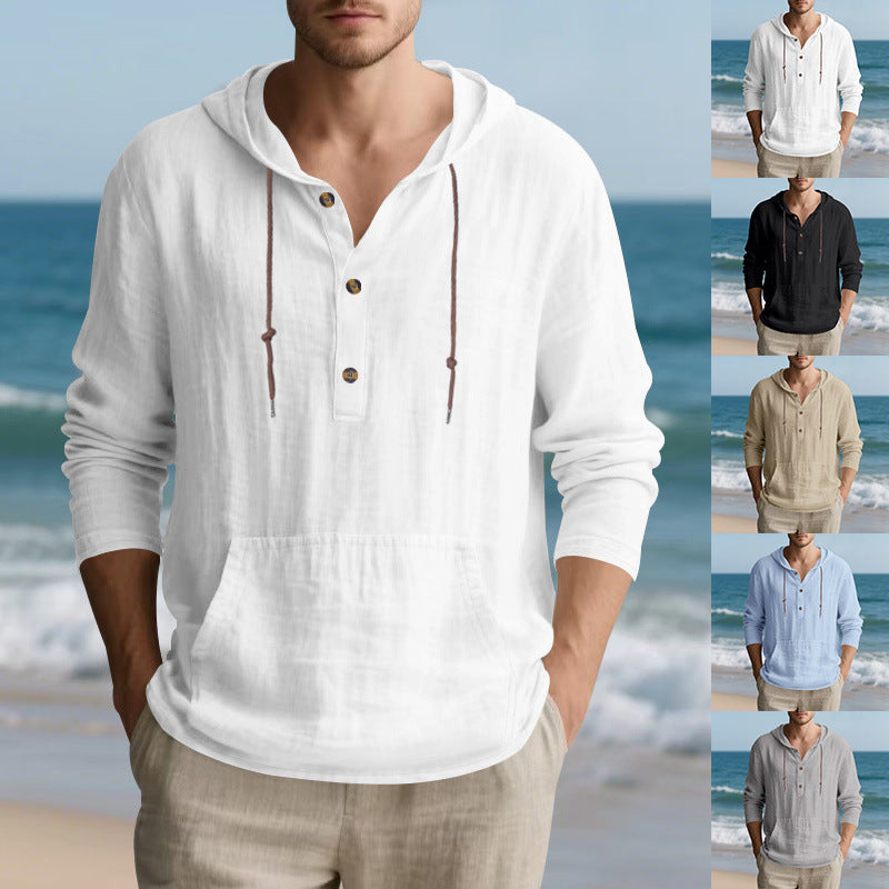 Men's Lightweight Hooded Henley Made of Cotton-Linen with Kangaroo Pocket Mune Fashion