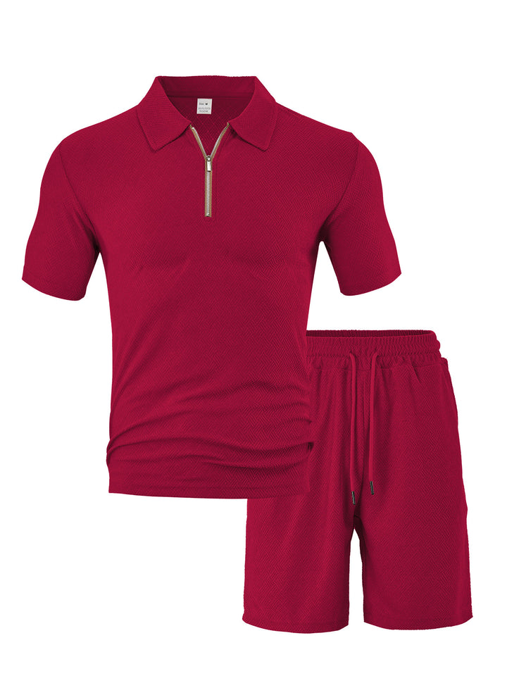 Men's comfortable short sleeve half zip set with polo collar and elastic cord pants made of textured knit Mune Fashion
