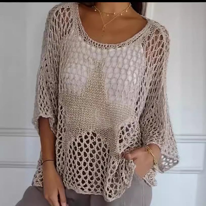 Women's oversized crocheted pullover with star appliqué and 3/4 sleeves Mune Fashion