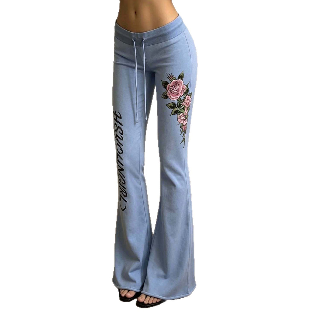 Women's casual jersey sweatpants with drawstring, floral side print, and statement lettering Mune Fashion