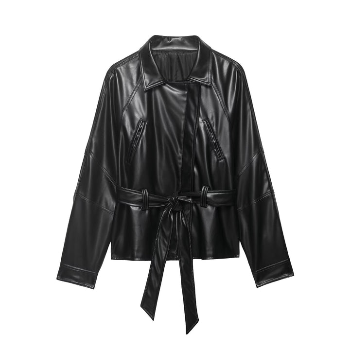 Women Short Leather Look Trench Coat with Waist Belt and Dolman Sleeves Mune Fashion