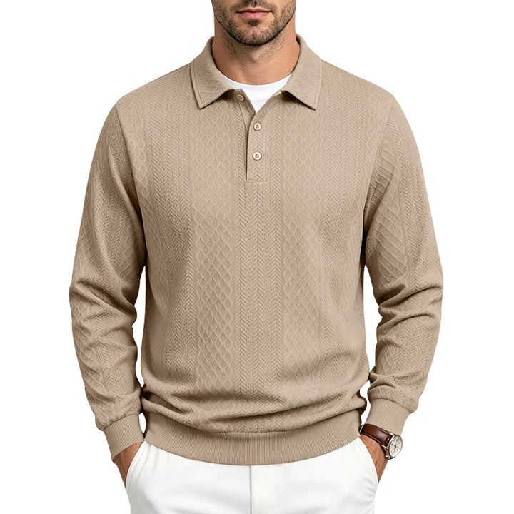 Men's Structured Long Sleeve Polo Sweater with Cable Knit Pattern Mune Fashion