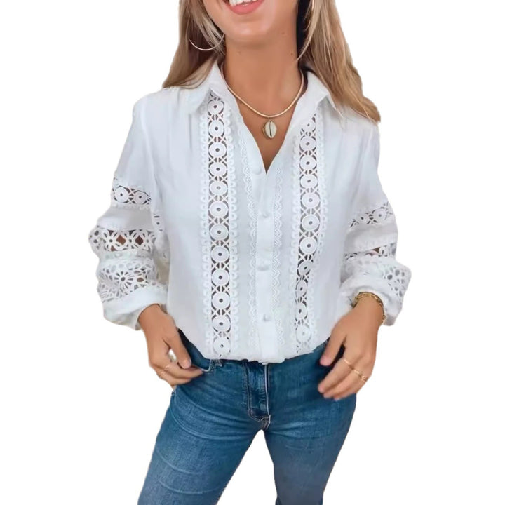 Women's crochet lace blouse with V-neck, perforated embroidery and balloon sleeves Mune Fashion