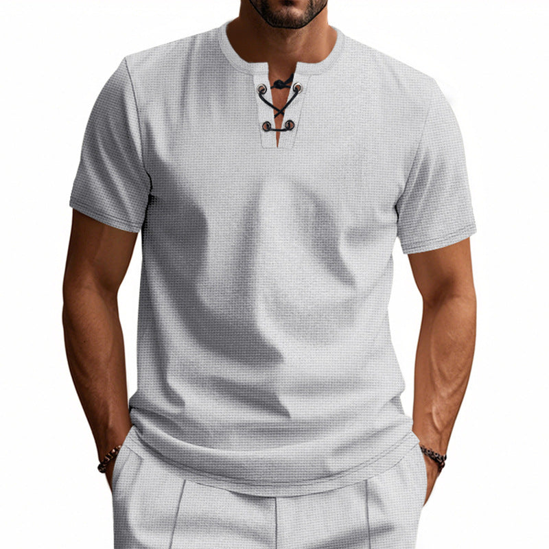 Men's short-sleeve shirt with lacing at the neckline and waffle texture Mune Fashion