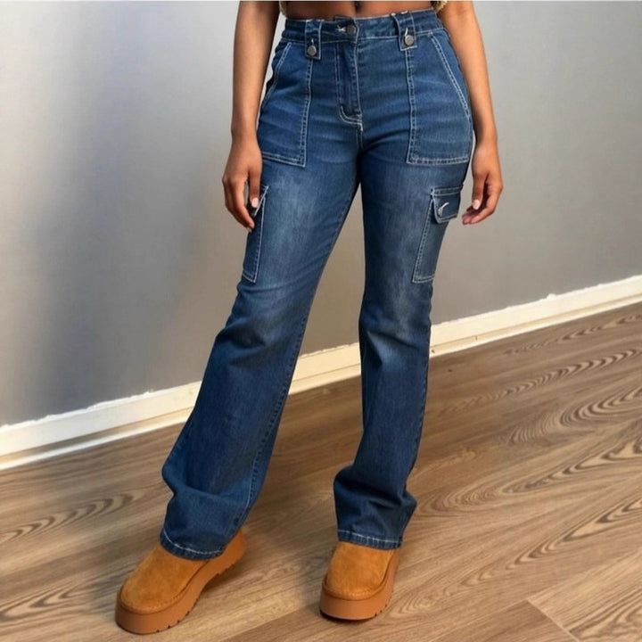 Women High-Waisted Cargo Denim Jeans with Straight Legs and Patch Flap Pockets Mune Fashion