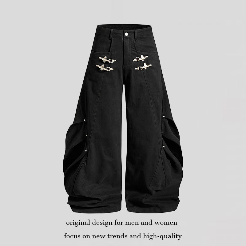 Women's Loose Balloon Cargo Pants with Draping and Metal Closure Details Mune Fashion