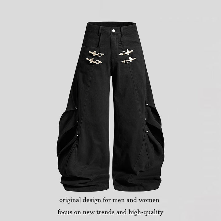 Women's Loose Balloon Cargo Pants with Draping and Metal Closure Details Mune Fashion