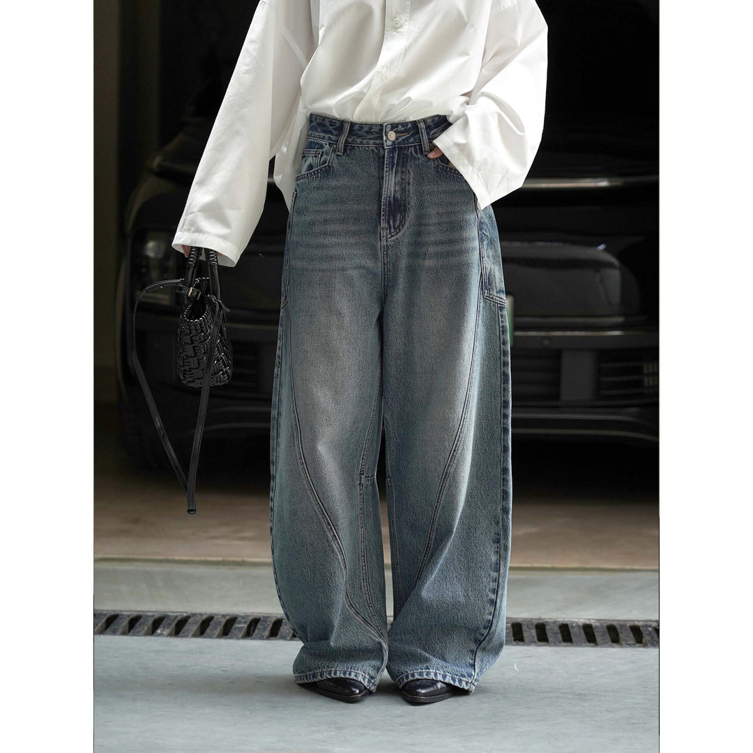 Women's High-Waisted Baggy Denim Pants with Curved Seam Details Mune Fashion