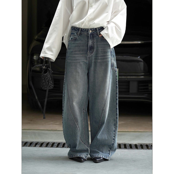 Women's High-Waisted Baggy Denim Pants with Curved Seam Details Mune Fashion