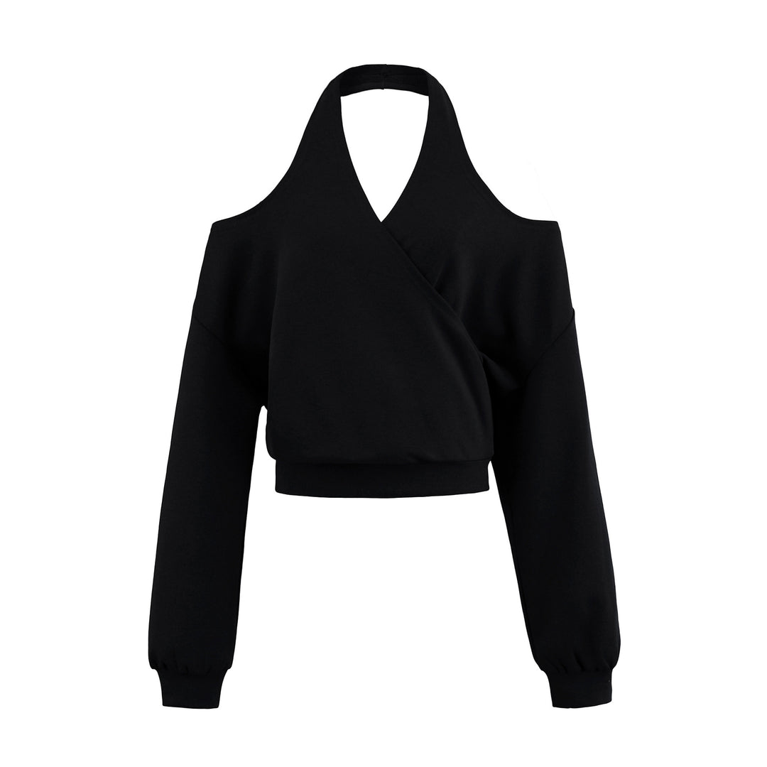 Women's Cropped Sweatshirt with Halter Neck, Cold-Shoulder and Wrap Look Mune Fashion