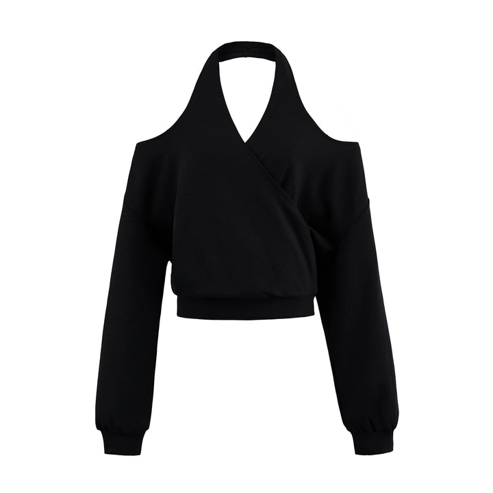 Women's Cropped Sweatshirt with Halter Neck, Cold-Shoulder and Wrap Look Mune Fashion