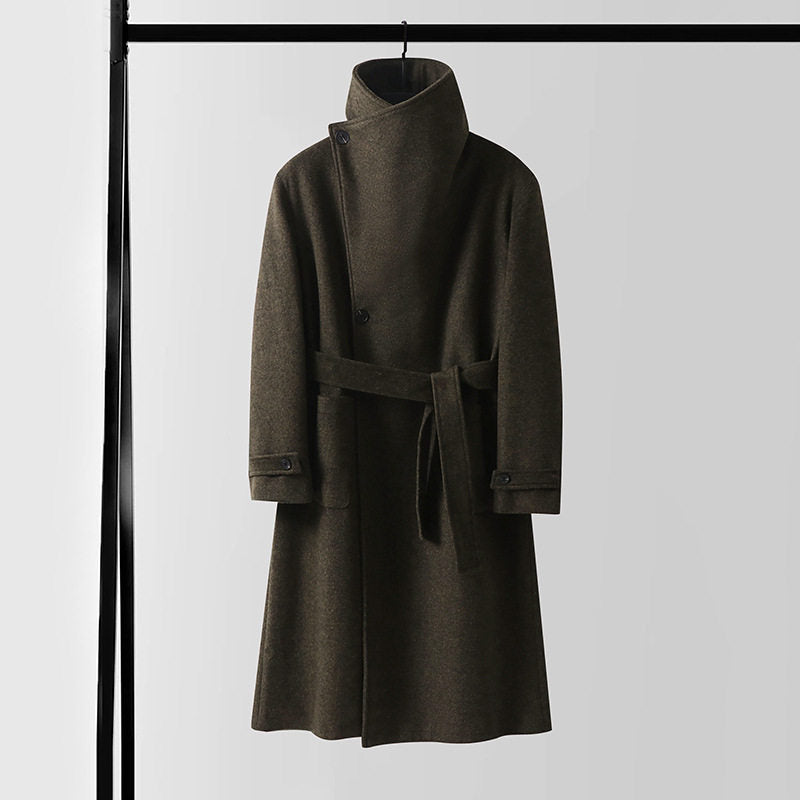 Men's Maxilength Wool Coat with High Stand-up Collar, Asymmetric Button Placket and Tied Belt Mune Fashion