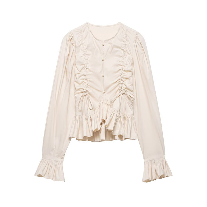 Women Ruffled Blouse with Drawstring, Balloon Sleeves and Ruffle Hem Mune Fashion