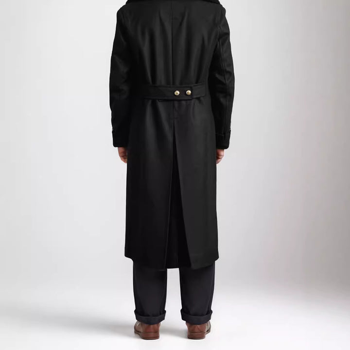 Men's longline coat in military look with wide shawl collar and striking decorative buttons Mune Fashion