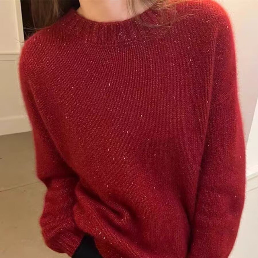 Women Cozy Oversized Sweater in Mohair Look with Round Neck and Subtle Glitter Effect Mune Fashion
