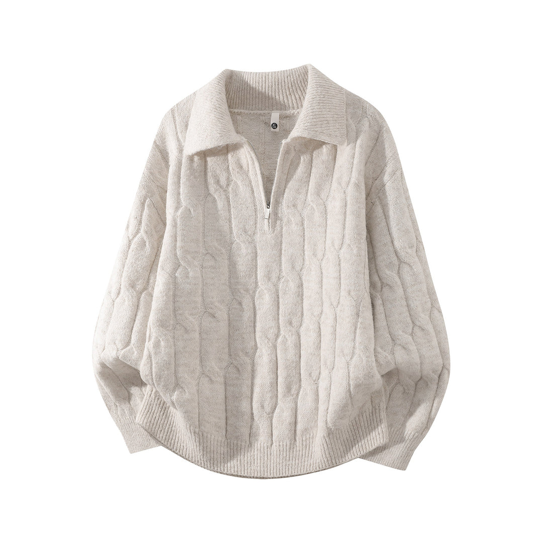 Unisex Oversize Braid Knit Sweater with Half Zip and Shirt Collar Mune Fashion