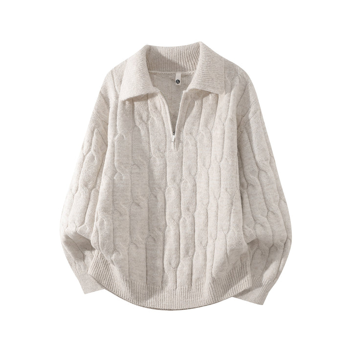Unisex Oversize Braid Knit Sweater with Half Zip and Shirt Collar Mune Fashion