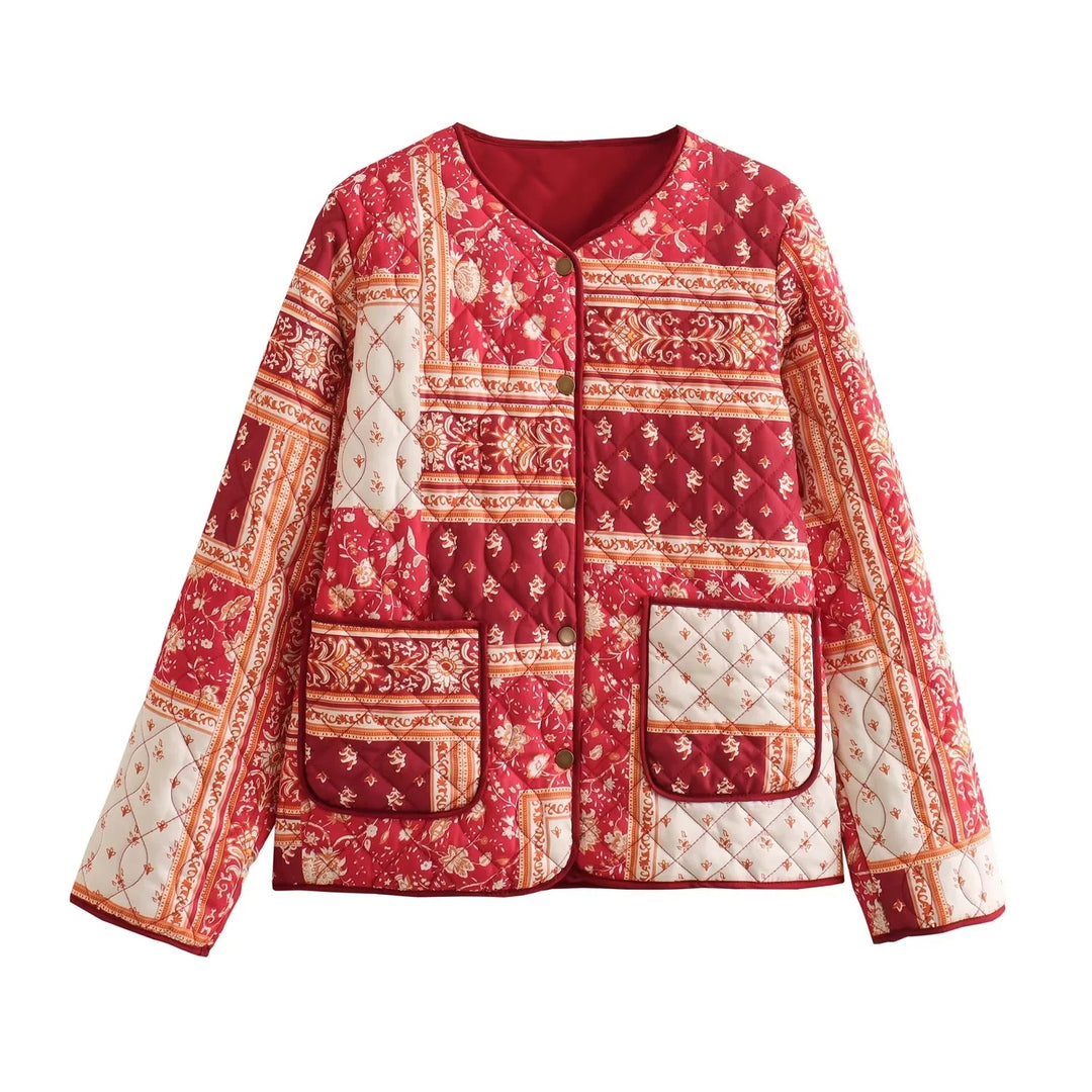 Women's quilted jacket in patchwork bandana design with round neck and patch pockets Mune Fashion