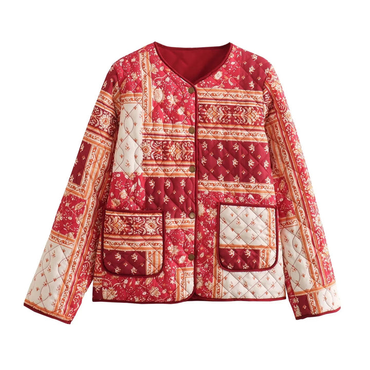 Women's quilted jacket in patchwork bandana design with round neck and patch pockets Mune Fashion