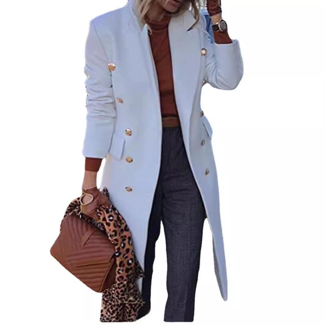 Women tailored double-breasted wool blend coat with gold decorative buttons and knee-length silhouette Mune Fashion