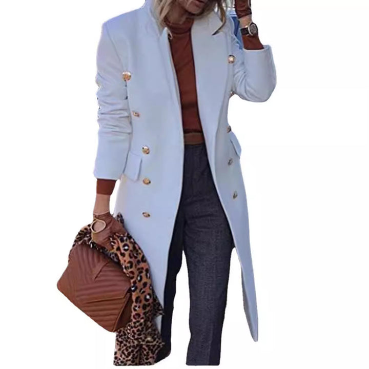 Women tailored double-breasted wool blend coat with gold decorative buttons and knee-length silhouette Mune Fashion