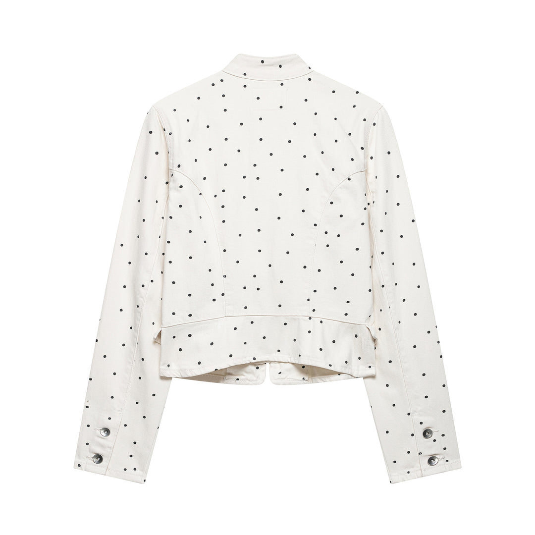 Women's Polka Dot Cropped Denim Jacket with Stand-up Collar, Zipper and Flap Pockets Mune Fashion