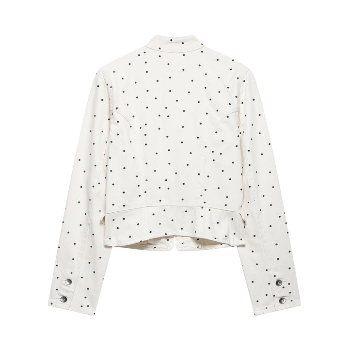 Women's Polka Dot Cropped Denim Jacket with Stand-up Collar, Zipper and Flap Pockets Mune Fashion