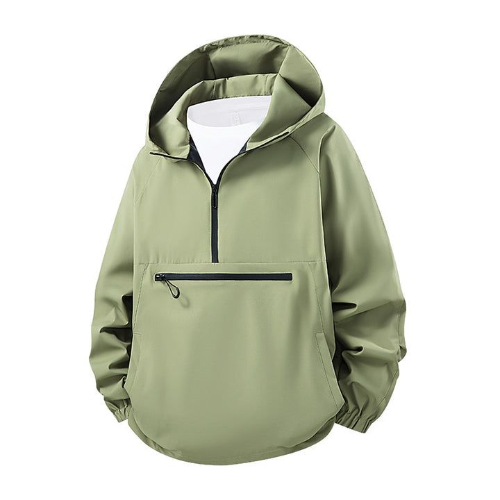Unisex Lightweight Water-Repellent Hooded Anorak with Half-Zip and Front Zipper Pocket Drune