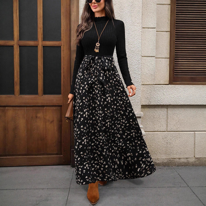 Women's two-piece set consisting of fine knit roll-neck top and patterned midaxi skirt with tie belt Mune Fashion