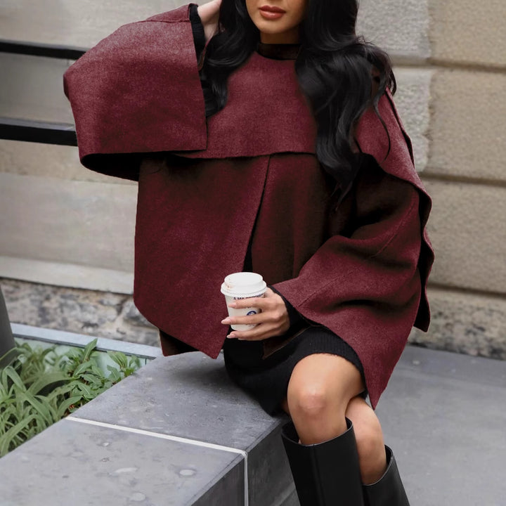 Women's Short Cape Jacket in Layered Look made of Wool Blend with Wide Batwing Sleeve Mune Fashion