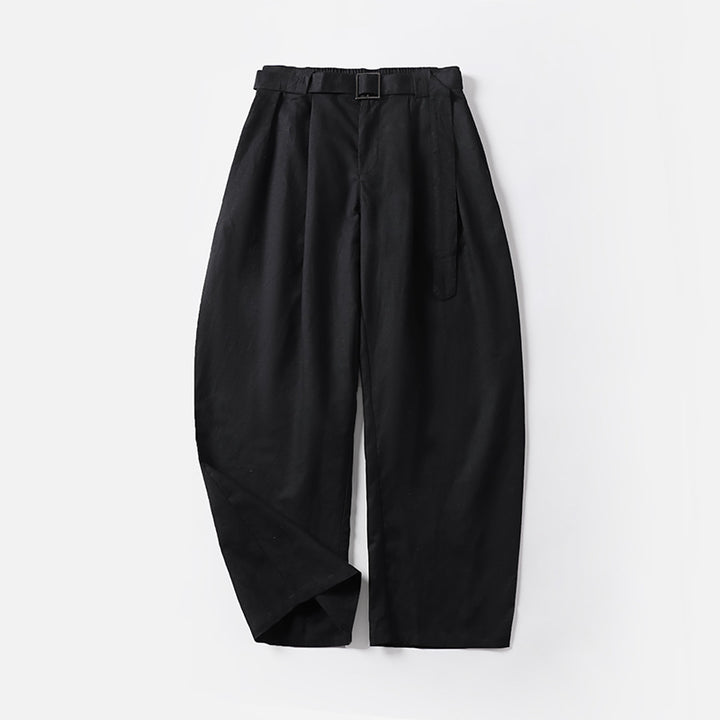 Women's High-Waisted Linen-Cotton Pleated Trousers with Tied Belt and Tapered Leg Mune Fashion