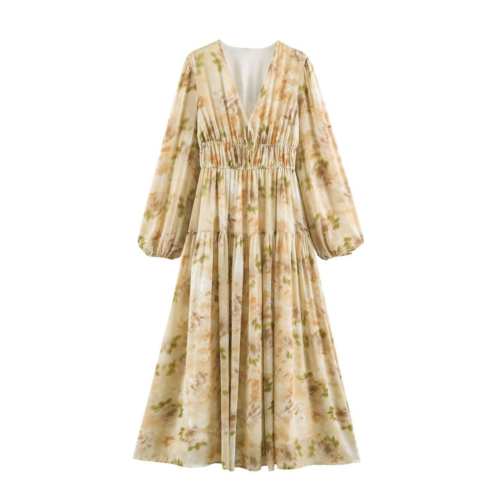 Women's Airy Chiffon Midi Dress with Deep V-Neck, Ruffled Smock Waist, and Flounce Layers Mune Fashion
