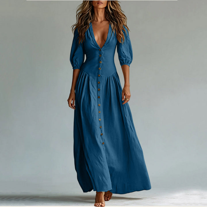 Ladies max dress with deep V-neck, button placket and balloon sleeves Mune Fashion
