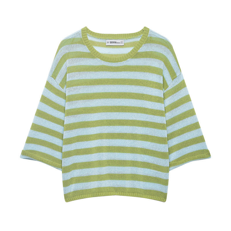 Women's Striped Oversized Knit Sweater with Wide Three-Quarter Sleeves and Round Neckline Mune Fashion