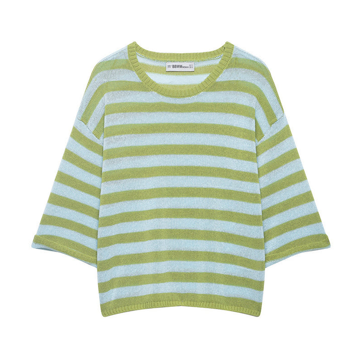 Women's Striped Oversized Knit Sweater with Wide Three-Quarter Sleeves and Round Neckline Mune Fashion