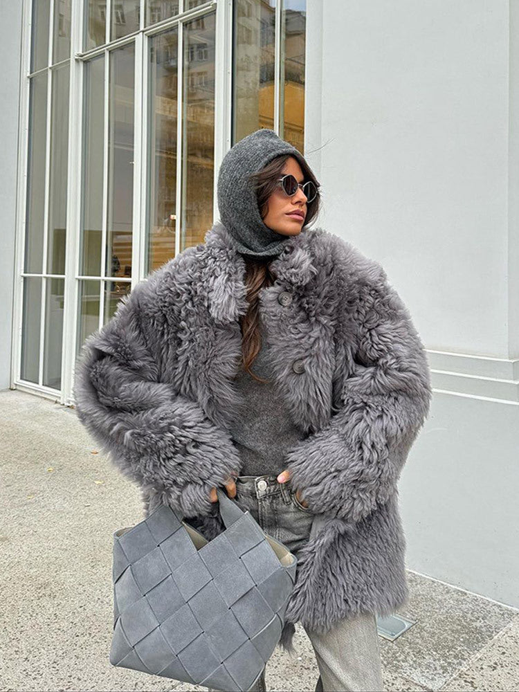 Women's Short Oversize Faux Fur Coat with Voluminous Curly Texture and Button Closure Mune Fashion