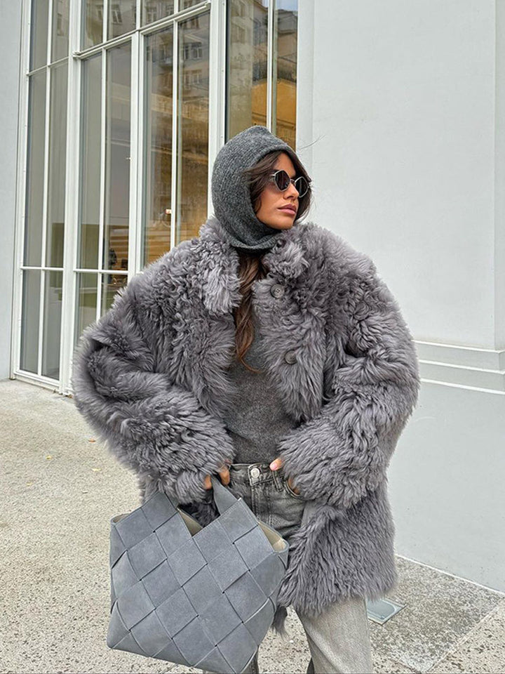 Women's Short Oversize Faux Fur Coat with Voluminous Curly Texture and Button Closure Mune Fashion