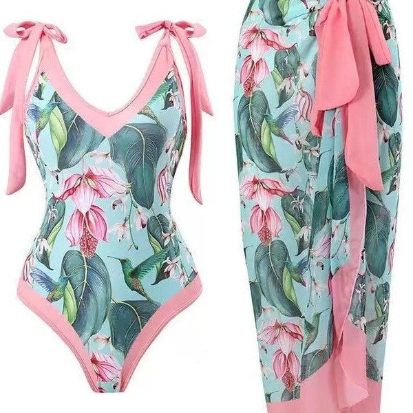 Women's swimsuit with floral design and transparent wrap skirt Mune Fashion