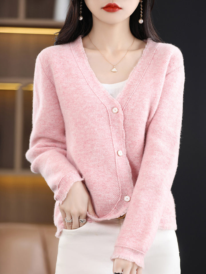 Women Short Cut V-Neck Cardigan with Fine Velvet and Pearly Buttons Mune Fashion